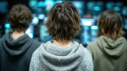 Three Individuals Analyzing Digital Data on Computer Screens in a Cybersecurity Center