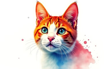 Close-up oil painting of a colorful cat face with vibrant red, yellow, and blue abstract brushstrokes.









