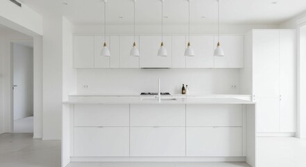 Fototapeta premium Modern Minimalist White Kitchen Design - Sleek white kitchen island with integrated appliances, pendant lights, and minimalist design. Perfect for modern home decor