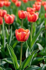 there is a large field of red and orange tulips in the sun