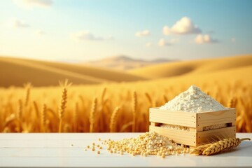 Golden Wheat Field and Freshly Milled Flour in Wooden Crate