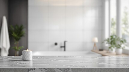 Marble table for product display on the blurred bathroom background