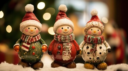 Festive Holiday Snowman Figures Wearing Hats and Scarves for Christmas Decorations