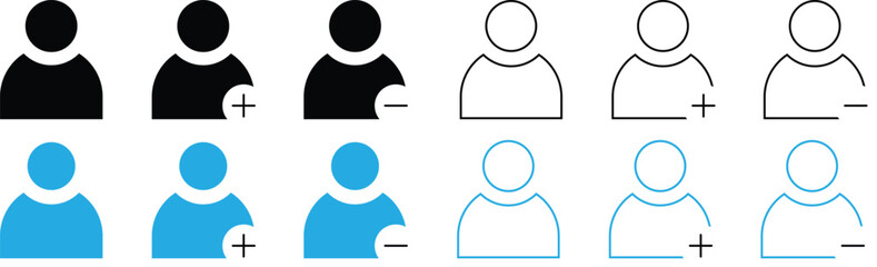 "User Profile Icon Set in Filled, Outline, Add and Remove Variations – Perfect for UI/UX, Web and Mobile Applications"