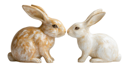 Two rabbits facing each other with noses touching realistic ceramic figurines detailed fur texture light brown and white
