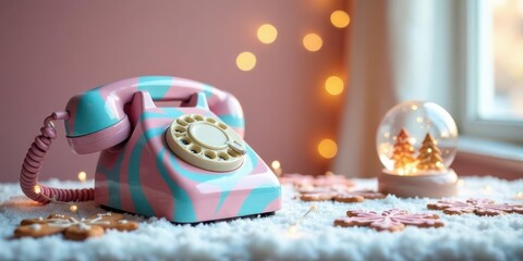 A Retro Rotary Telephone Decorated with Pastel Swirls Rests on a Snowy Surface Adorned with Festive Baked Goods and a Miniature Snow Globe, Evoking a Sense of Nostalgic Winter Charm