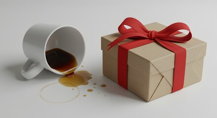 Spilled coffee cup next to a gift box with a red ribbon on white table