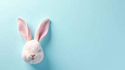 Obraz premium Serene White Bunny Head Against a Light Blue Background, Perfect for Springtime Designs and Projects