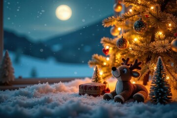 A Festive Winter Scene Reindeer, Christmas Tree, and Gift by a Snowy Window with a Full Moon