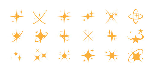 Aesthetic yellow sparkle y2k icon, sign set. Stars, sparks, shine, galaxy, starburst retro collection. Design shiny elements, shapes for a poster, banner, background,  stickers. Vector illustration.