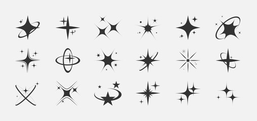 Aesthetic black sparkle y2k icon, sign set. Stars, sparks, shine, galaxy, starburst retro collection. Design shiny elements, shapes for a poster, banner, background,  stickers. Vector illustration.