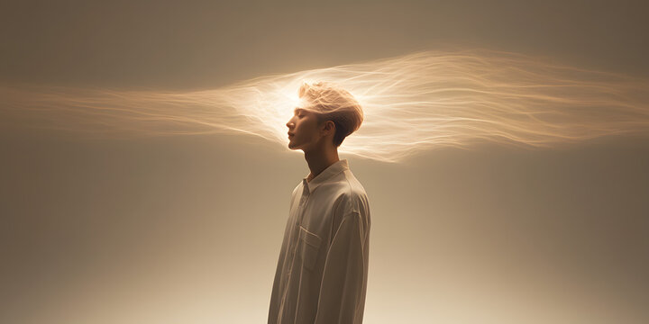 Inner Radiance: A person stands illuminated, ethereal light surrounding the head. Evoking feelings of enlightenment and introspection.