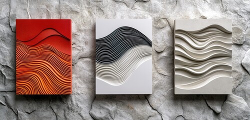 Three abstract art pieces with layered, wavy designs in red, gray, and off-white, displayed against a textured gray background