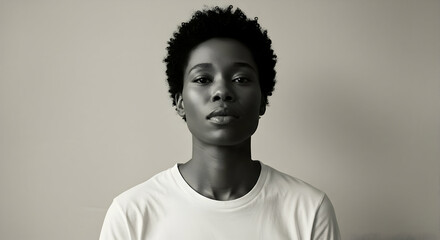 Obraz premium Confident Black Woman in White TShirt Studio Portrait Black and White Minimalist Photography