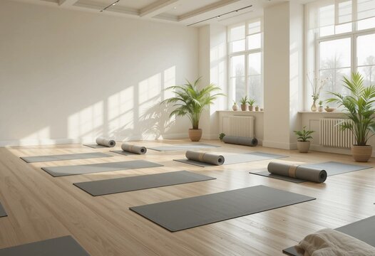 Minimalist yoga studio with wooden floors, rolled and unrolled mats, and green plants near large windows. Sunlight fills the space, creating a calm, clean, and welcoming atmosphere