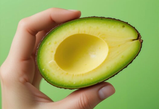 Close-up of a hand holding half of a ripe avocado with no seed, showing its vibrant green and yellow flesh. The background is a solid green color, emphasizing freshness, nutrition, and healthy eating.