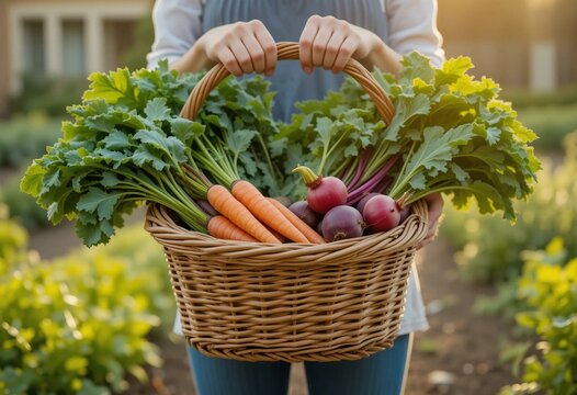 Close-up of a person holding a wicker basket full of freshly harvested organic vegetables, including carrots and radishes with green leafy tops. Captured in a garden setting during golden hour