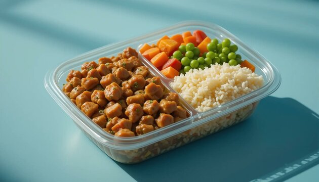 Balanced meal in a plastic food container, featuring cooked chicken, white rice, green peas, carrots, and red bell pepper. The lunch box is neatly organized and placed on a bright blue background