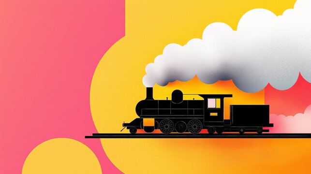 Illustrative Line Art of a Vintage Steam Engine Against a Colorful Abstract Background