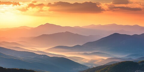 Majestic Mountain Landscape: Abstract Commercial Background for Automotive Advertising. Golden Sunlight Illuminates Peaks, Clouds, and Misty Valleys at Dusk. Epic High-Resolution Scenery with Cinemati