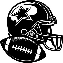 Black and white illustration of a football helmet and ball
