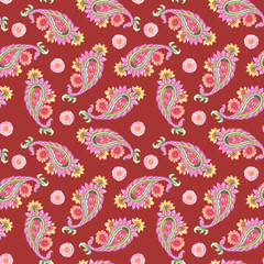 Naklejka premium Textile watercolor design indian, tribal, paisley pattern. Seamless flower traditional Background
