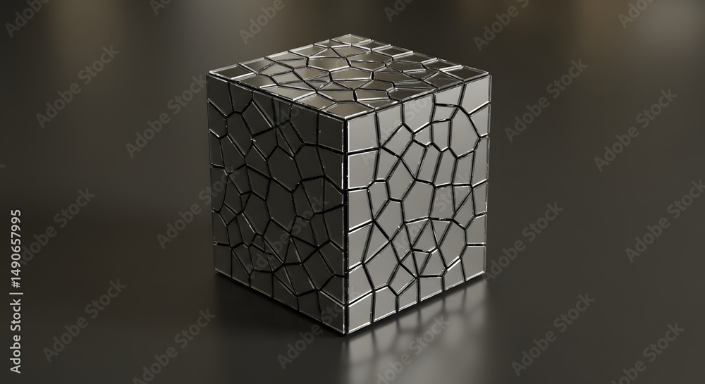 Poster a metallic cube with an irregular pattern on a dark reflective surface