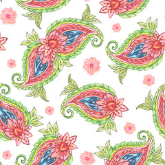 Textile watercolor design  indian, tribal, paisley pattern. Seamless flower traditional Background
