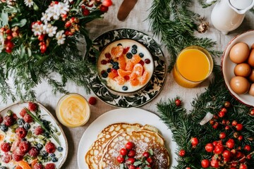 Festive breakfast spread with pancakes, fruit, and juice