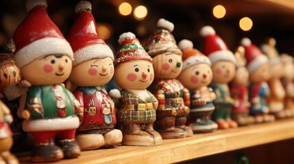 Christmas market stall featuring row of wooden toy figures wearing festive hats