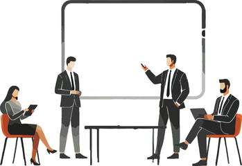 Business team presentation in office illustrating strategy and collaboration with graphic elements