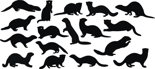 Playful Ferret Silhouettes - Sleek Outlines for Logos, Pet Brands & Wildlife Designs. Vector Art in Black & White. Perfect for Animal Lovers, Apparel & Decor, ferret isolated on white background.
