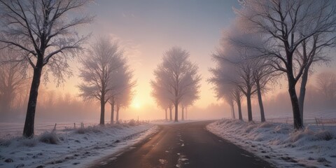 Asphalt path through frosted trees leads to sunrise; galactic spectacle overhead ,  winter,  panoramic