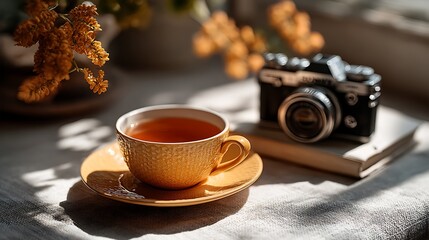 Cozy Autumn Tea  Vintage Camera on a Tabletop with Sunlight  Warm Tones.