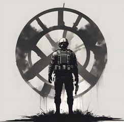 Military  in front of a wheel. Illustration 