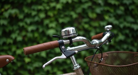 Bicycle Handlebars with Brown Grips and Metal Basket Against a Green Foliage Background Represents Outdoor Adventure and Green Transportation