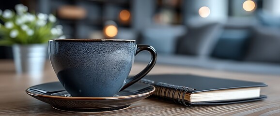 Cozy Coffee Break Blue Mug on Table with Notebook with Relaxing Home Interior.