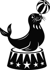 A cute seal balancing a ball and sitting a circus pedestal line art vector graphics design, seal balancing a ball and sitting a circus pedestal silhouette vector illustration design