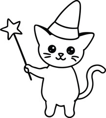 Adorable Cat Dressed as a Wizard Holding Magic Wand &ndash; Halloween Coloring Page
