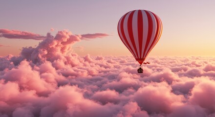 Naklejka premium Red and White Striped Hot Air Balloon Over Pink Cloudscape - A red and white striped hot air balloon floats serenely above a breathtaking expanse of pink clouds at sunset. Symbolizing adventure