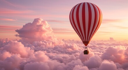 Obraz premium Red and White Striped Hot Air Balloon in Pink Cloudscape - A red and white striped hot air balloon floats serenely above a breathtaking sea of pink clouds at sunset. Symbolizing freedom, adventure