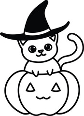 Naklejka premium Adorable Cat Sitting on Pumpkin Wearing Witch Hat – Halloween Coloring Page