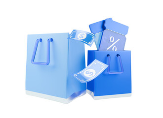 3d icon  shopping bag with discount coupons and dollar bills.