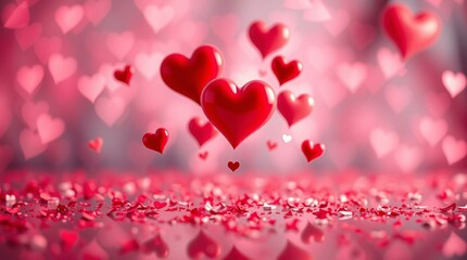 Romantic red hearts falling valentines day background