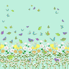 Butterflies Flutter Gracefully Over Blooming Spring Flowers in a Serene and Colorful Garden Landscape pattern for design fabric and decoration 
