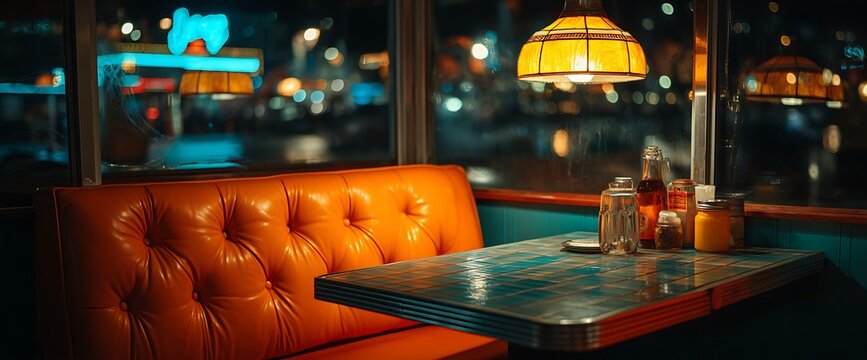 Cozy Diner Booth at Night with City Lights Retro Atmosphere with Vintage Vibes. - Powered by Adobe