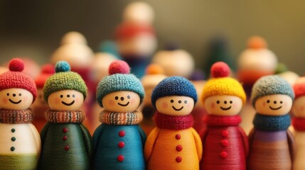 Fototapeta premium Group of Smiling Wooden Peg Dolls Dressed for Winter Weather