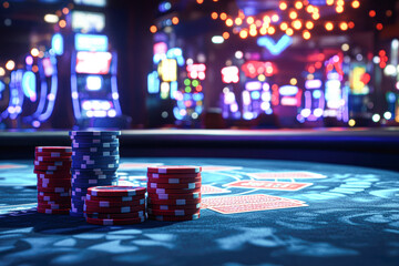 Stacks of poker chips on a casino table with colorful slot machines and bright lights in the background.