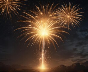 Golden fireworks explode, illuminating night sky ,  light,  dark