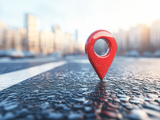 A red location pin stands on a wet city street with blurred buildings in the background, symbolizing navigation or travel.